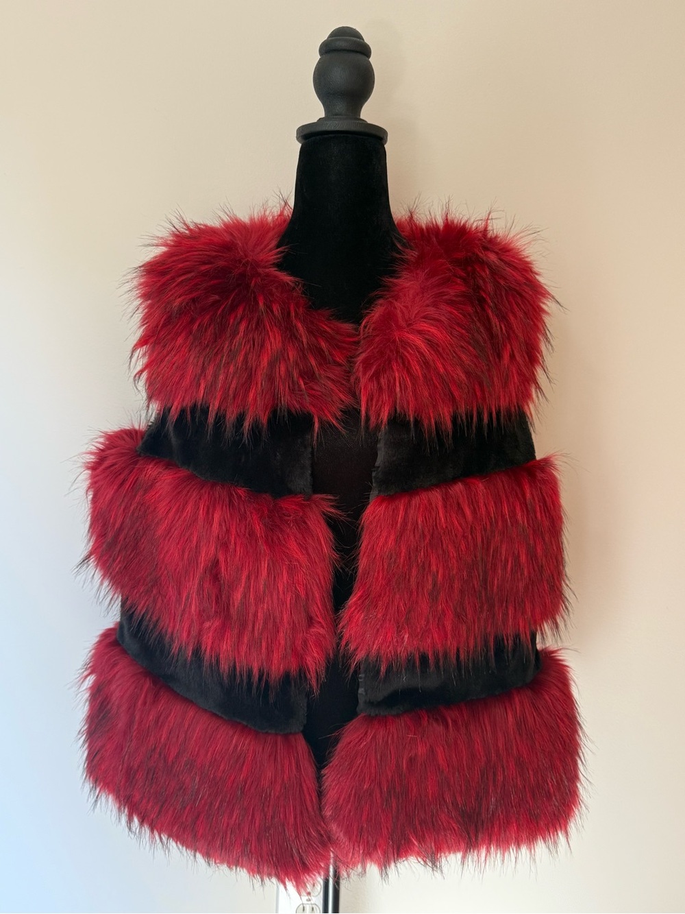 Red Faux Fur Panel Vest with Contrast Bands
